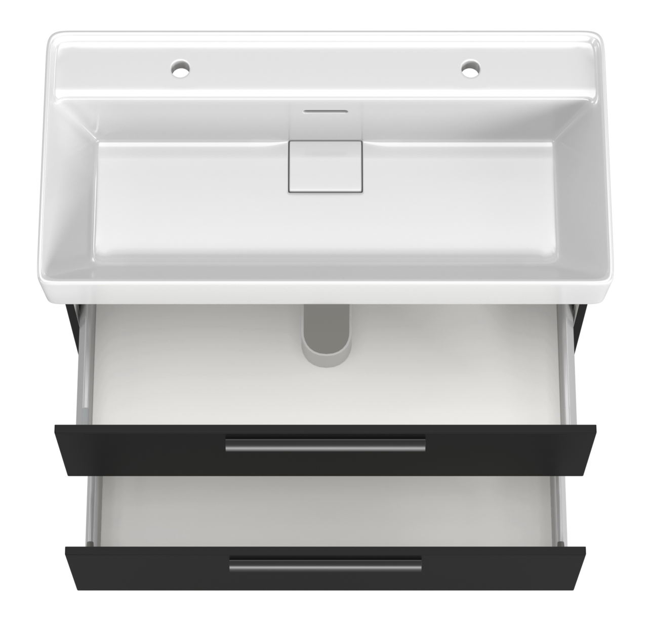 Moderner Waschtisch mit zwei Armaturenlöchern und zwei Schubladen, Ansicht von oben.