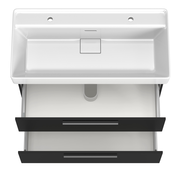 Moderner Waschtisch mit zwei Armaturenlöchern und zwei Schubladen, Ansicht von oben.