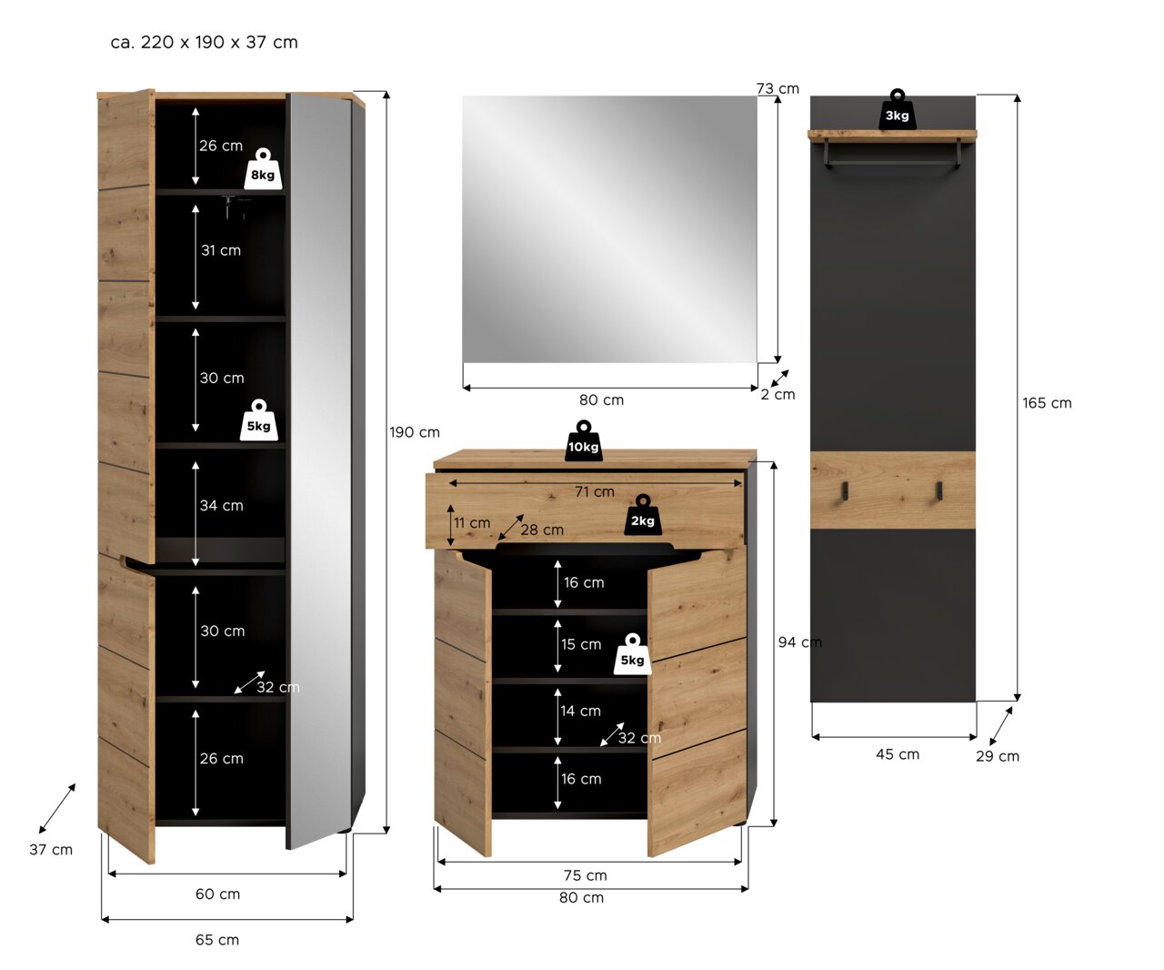 Maßgrafik eines Garderoben-Sets in Eiche-Optik mit schwarzen Fronten: hoher Schrank (ca. 220×65×37 cm), Spiegel (80×73×2 cm), Schuhschrank/Kommode (80×94 cm) und Garderobenpaneel (45×165×29 cm), gezeigt in Frontansicht mit geöffneten Türen und eingezeichn