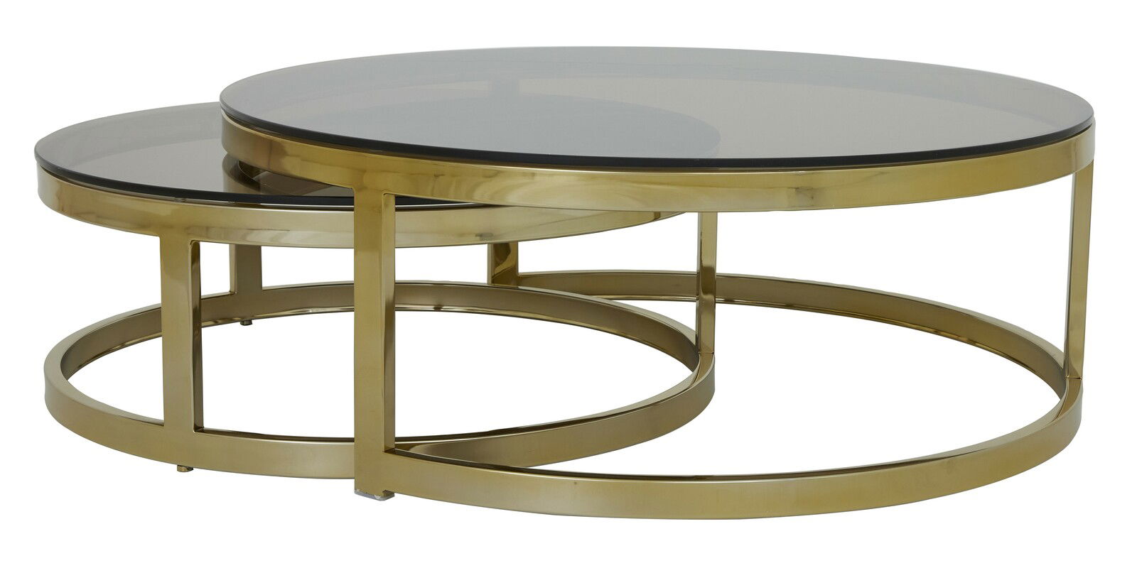 Zwei runde Couchtische mit goldfarbenem Metallrahmen und dunkler Glasplatte, ineinander verschachtelt, seitliche Perspektive.