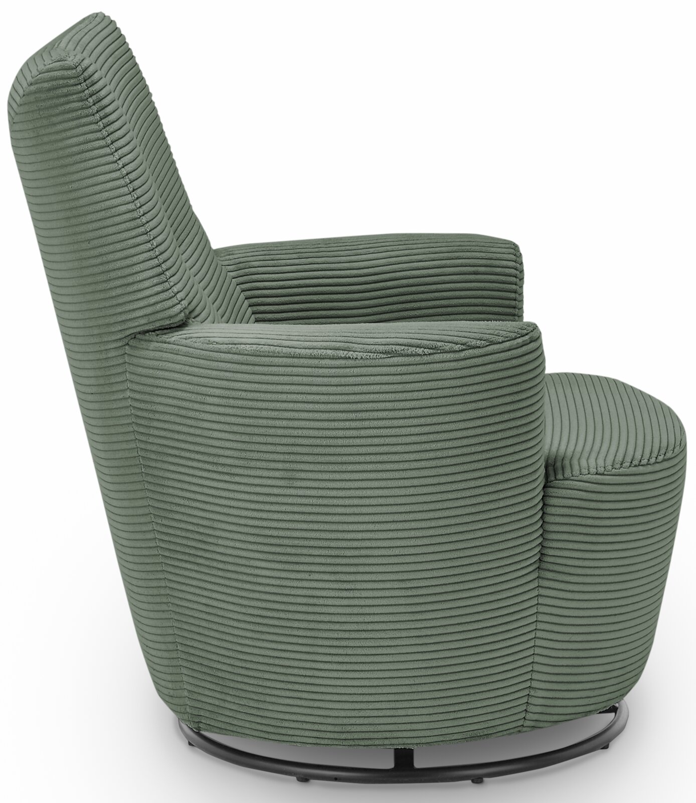Seitenansicht eines grünen Sessels mit geripptem Stoffbezug und rundem Sockel.
