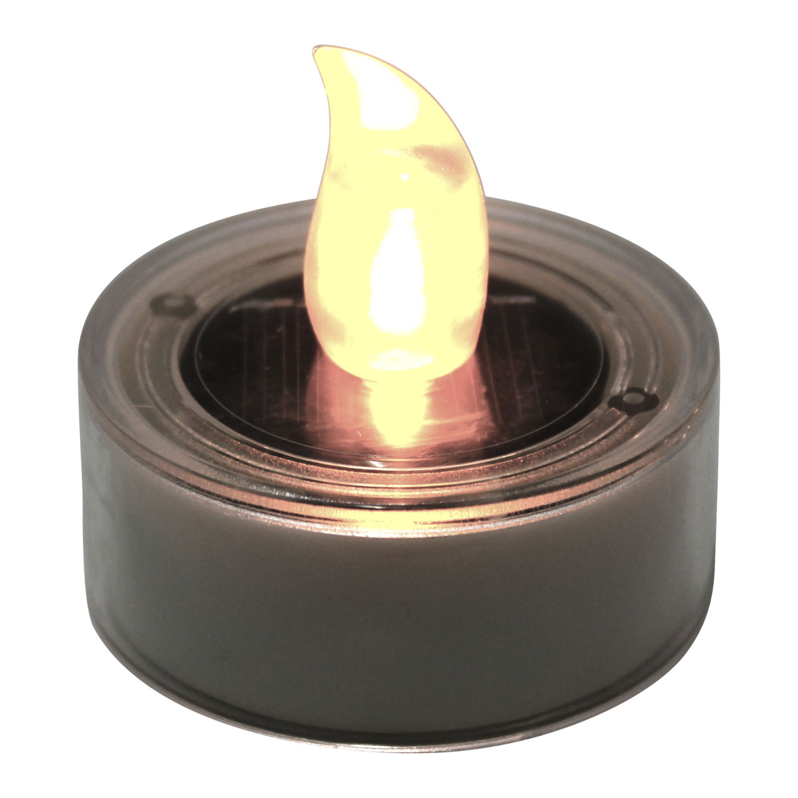 Solarbetriebene LED-Teelichtkerze mit flammenförmigem Licht, seitliche Perspektive