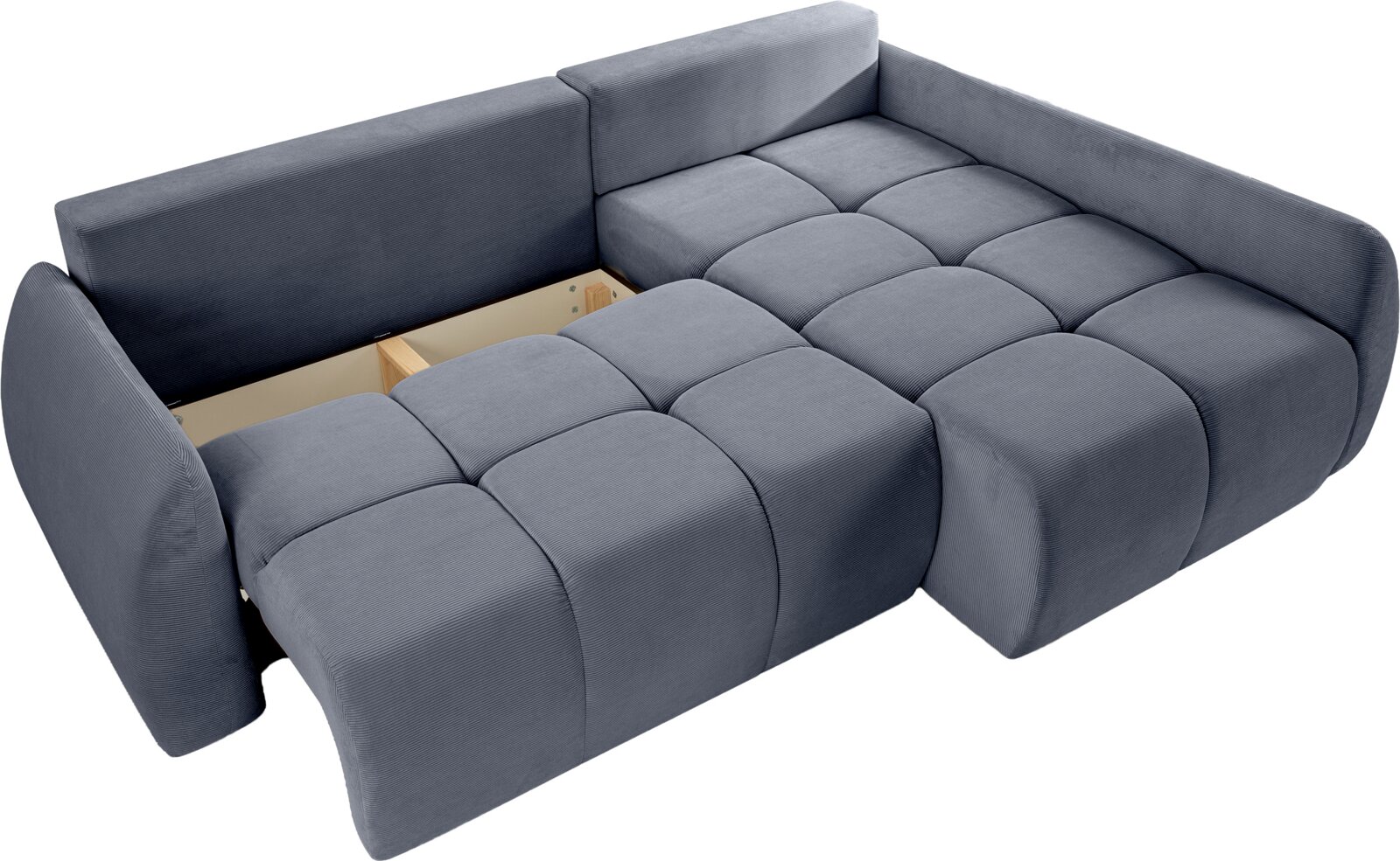 Graues Eckschlafsofa mit Stauraum, von oben betrachtet
