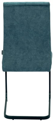 Rückansicht eines modernen Schwingstuhls mit grauem Stoffbezug und schwarzem Metallgestell.