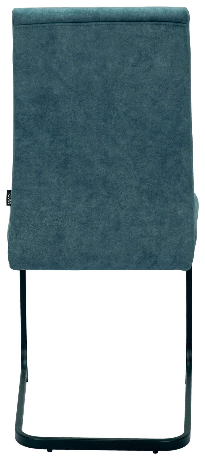 Rückansicht eines modernen Schwingstuhls mit grauem Stoffbezug und schwarzem Metallgestell.