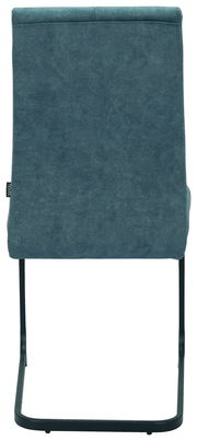 Rückansicht eines modernen Schwingstuhls mit grauem Stoffbezug und schwarzem Metallgestell.