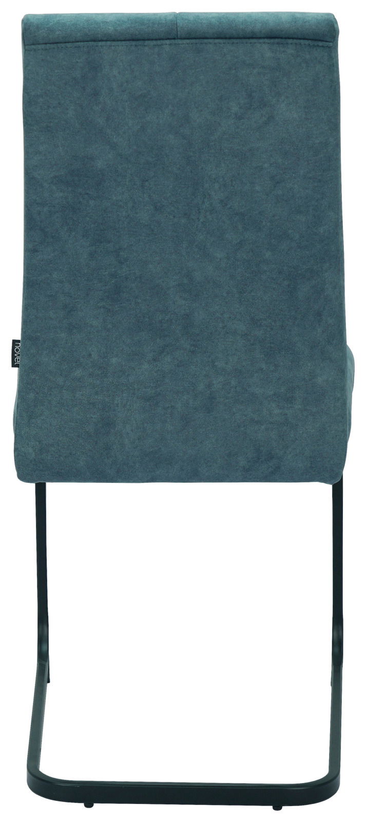 Rückansicht eines modernen Schwingstuhls mit grauem Stoffbezug und schwarzem Metallgestell.