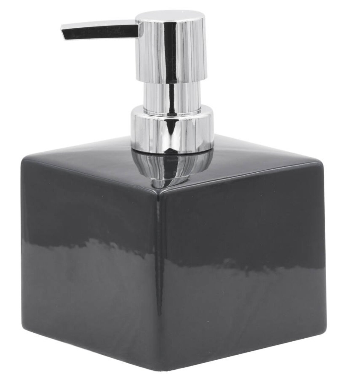 Quadratischer Seifenspender in Anthrazit mit glänzendem Chrom-Pumpkopf, seitliche Perspektive