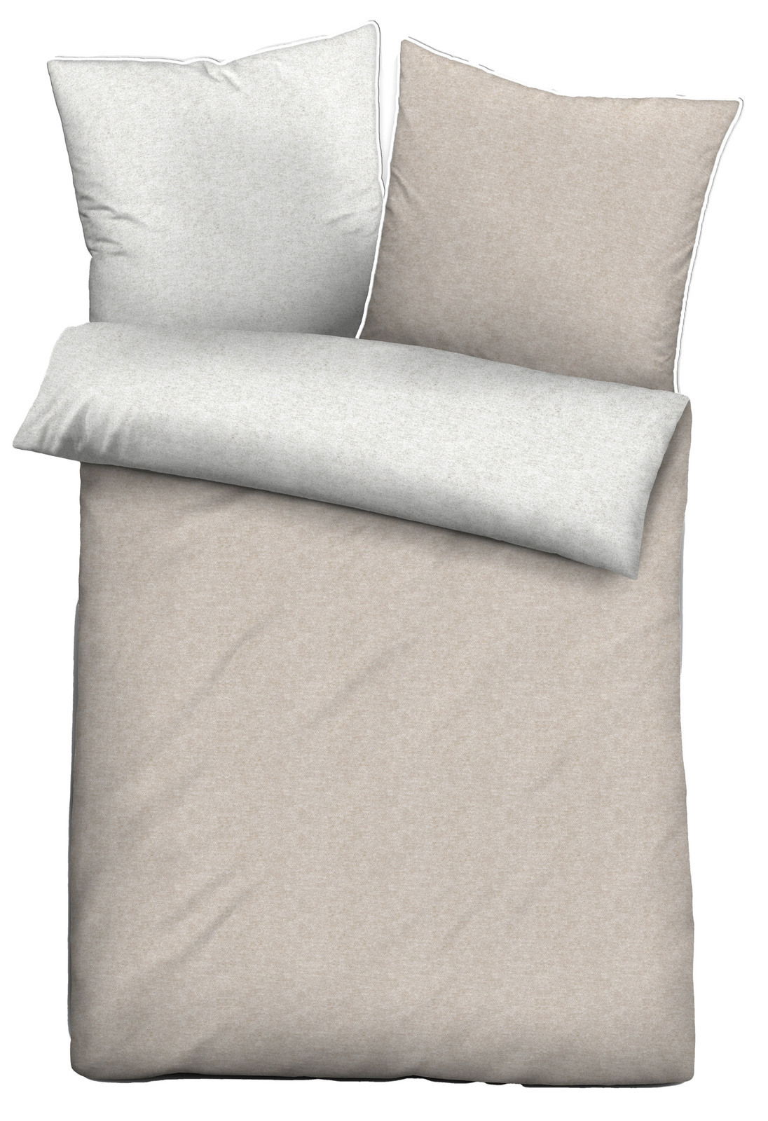 Biberna Bettwäsche Bettwäsche-Set aus Melange-Flanell in Beige und Grau, bestehend aus einem Bettbezug und zwei Kissenbezügen, aus der Vogelperspektive fotografiert.
