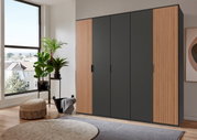 Moderner 5-türiger Drehtürenschrank in einem stilvollen Raum, frontal betrachtet. Der Schrank hat eine dunkle Oberfläche mit Holzdetails an den Seiten.