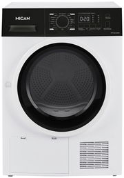 Frontansicht eines weißen Stand-Wärmepumpentrockners mit schwarzem Bedienfeld und digitalem Display.