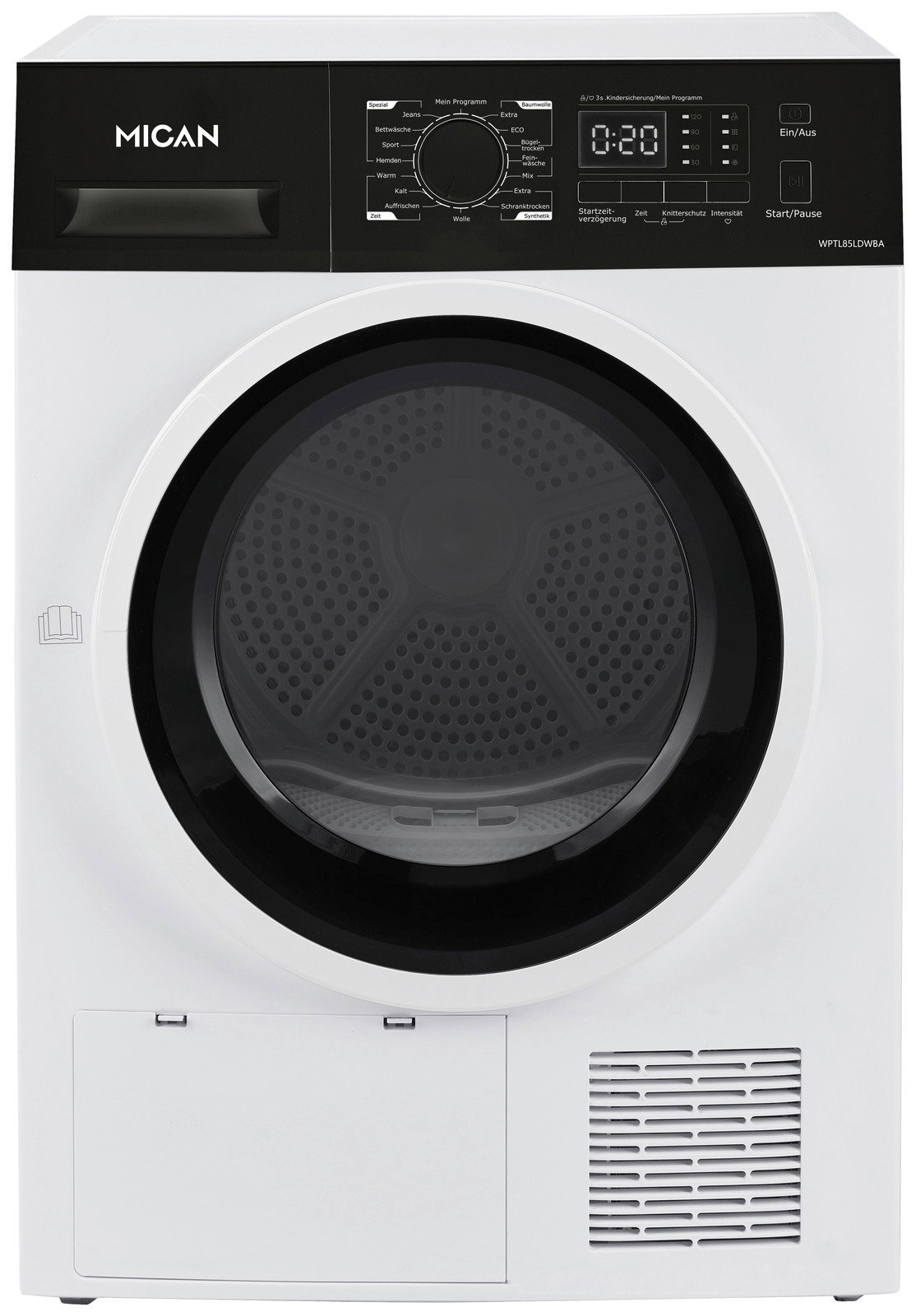 Frontansicht eines weißen Stand-Wärmepumpentrockners mit schwarzem Bedienfeld und digitalem Display.