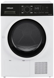 Frontansicht eines weißen Stand-Wärmepumpentrockners mit schwarzem Bedienfeld und digitalem Display.