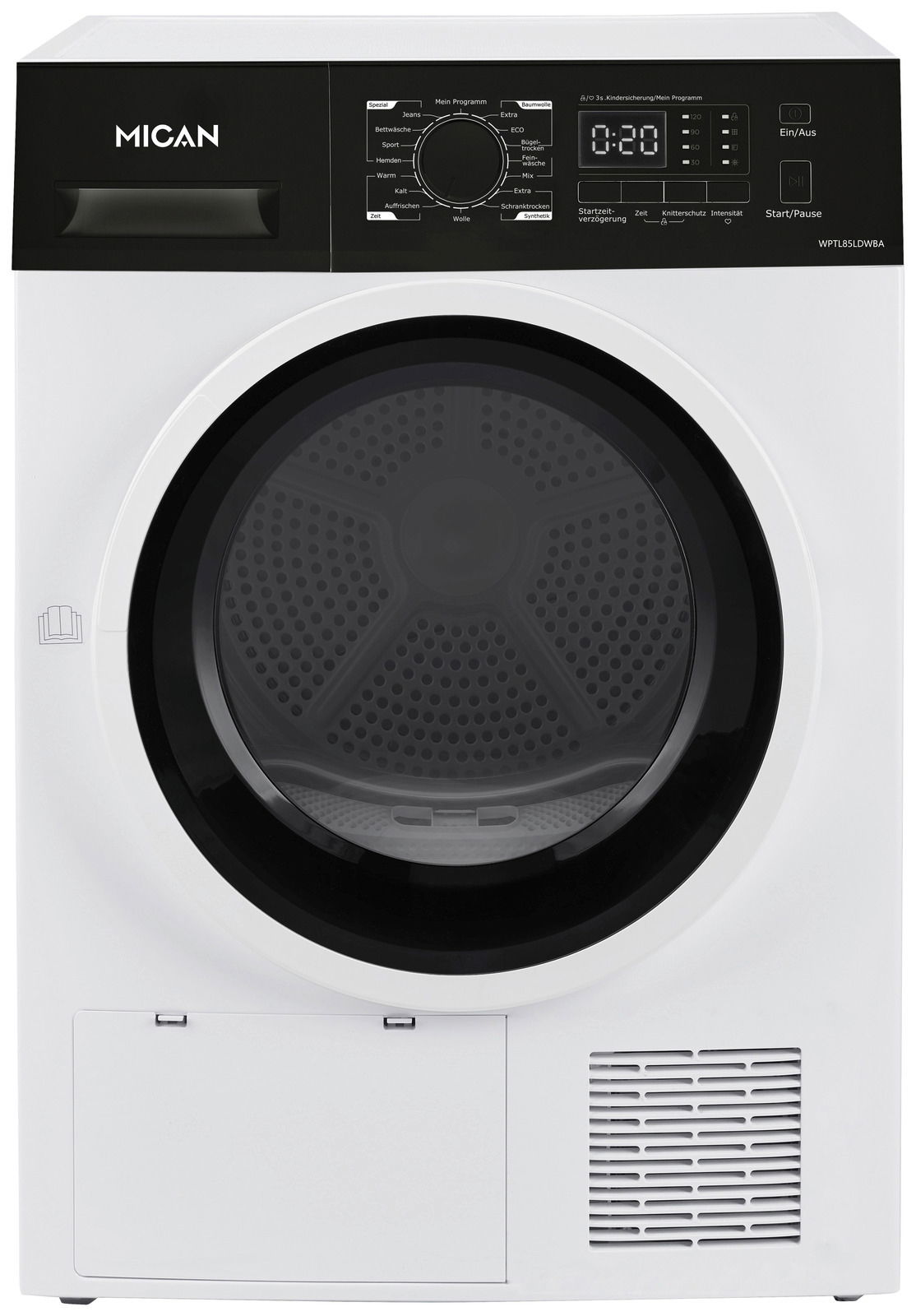 Frontansicht eines weißen Stand-Wärmepumpentrockners mit schwarzem Bedienfeld und digitalem Display.