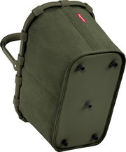Olivgrüne Reisenthel-Tasche mit gerippter Textiloberfläche, stabilem Rahmen und Standfüßen, schräg von hinten/unten fotografiert