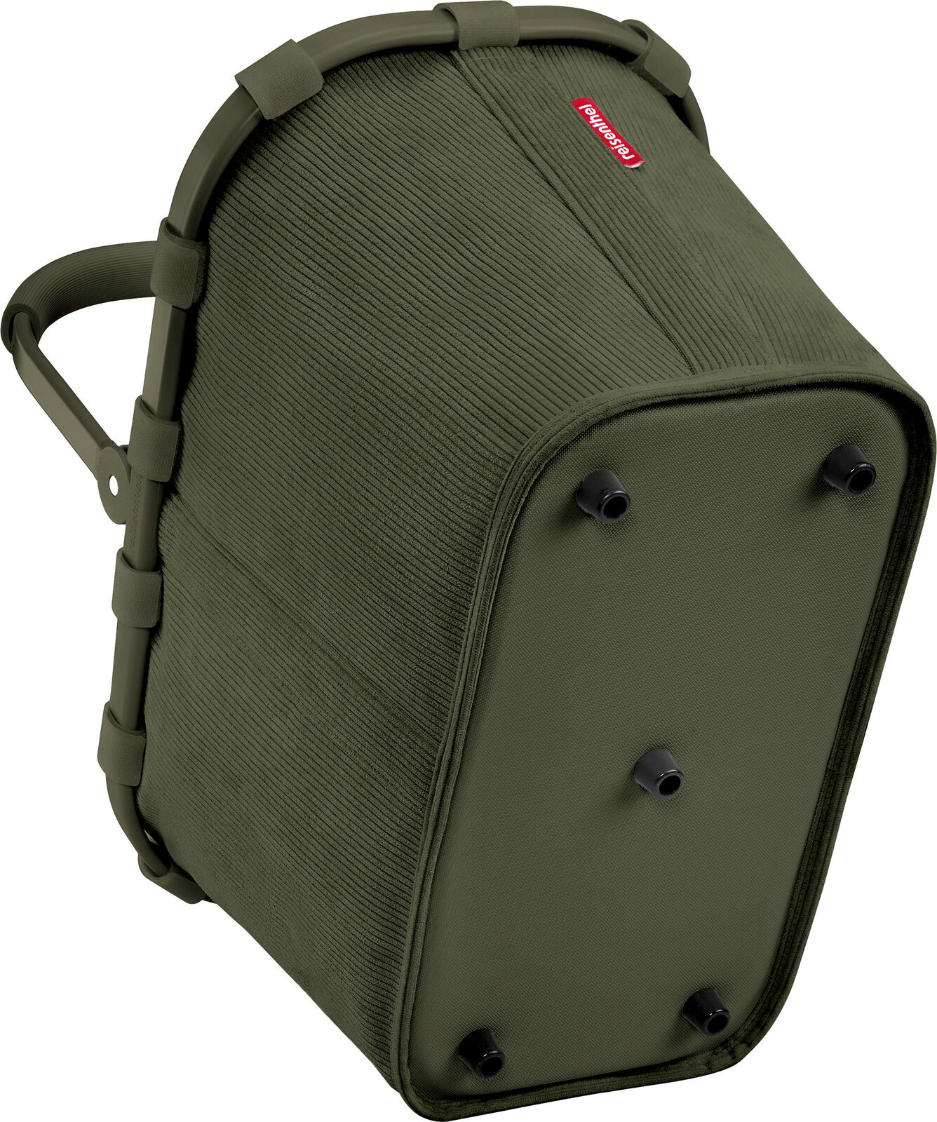 Olivgrüne Reisenthel-Tasche mit gerippter Textiloberfläche, stabilem Rahmen und Standfüßen, schräg von hinten/unten fotografiert
