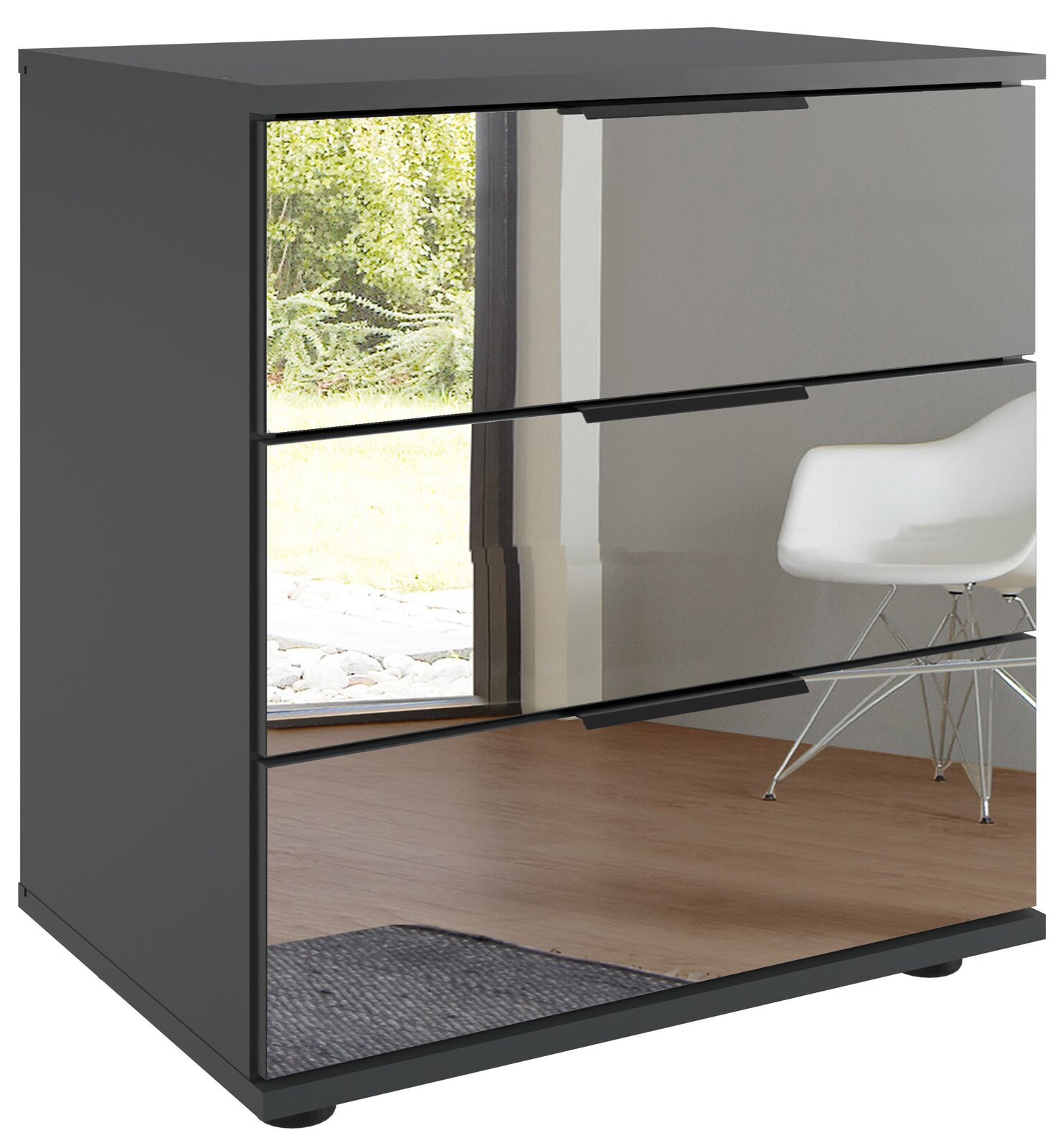 Moderne Nachtkommode mit drei Schubladen und spiegelnder Front, seitliche Perspektive