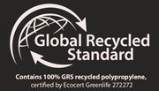 Logo des Global Recycled Standard mit der Aufschrift 'Contains 100% GRS recycled polypropylene, certified by Ecocert Greenlife 272272', aus der Vorderansicht.