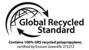 Logo des Global Recycled Standard mit der Aufschrift 'Contains 100% GRS recycled polypropylene, certified by Ecocert Greenlife 272272', aus der Vorderansicht.