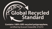 Logo des Global Recycled Standard mit der Aufschrift 'Contains 100% GRS recycled polypropylene, certified by Ecocert Greenlife 272272', aus der Vorderansicht.