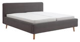 Graues Polsterbett mit Holzfüßen, seitliche Perspektive