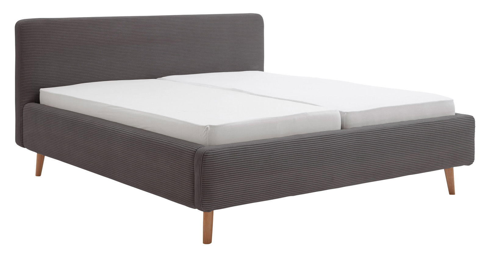 Graues Polsterbett mit Holzfüßen, seitliche Perspektive