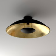 Schwarze Deckenleuchte mit breitem, schalenförmigem Lampenschirm und goldfarbener Innenfläche, Ansicht von unten in leichter Untersicht.