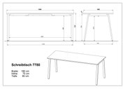 Technische tekening van bureau 7780 met afmetingen (breedte 180 cm, diepte 80 cm, hoogte 75 cm), evenals een vooraanzicht en zijaanzicht en een perspectivisch 3D-aanzicht schuin van voren en van bovenaf.