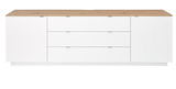 Frontansicht eines modernen TV-Sideboards mit weißem Korpus und Holzoberfläche, drei Schubladen in der Mitte und zwei Türen an den Seiten.