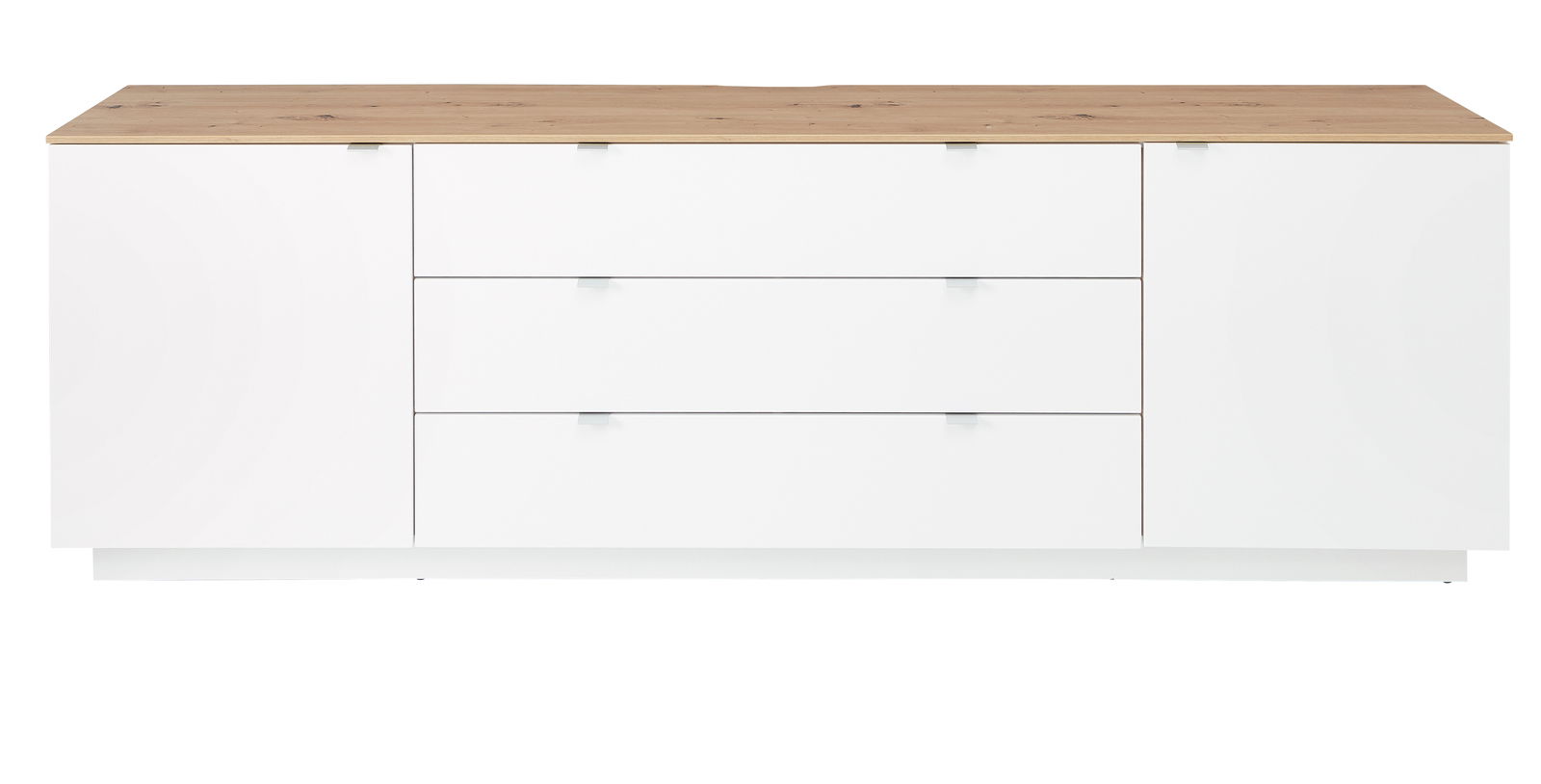 Frontansicht eines modernen TV-Sideboards mit weißem Korpus und Holzoberfläche, drei Schubladen in der Mitte und zwei Türen an den Seiten.