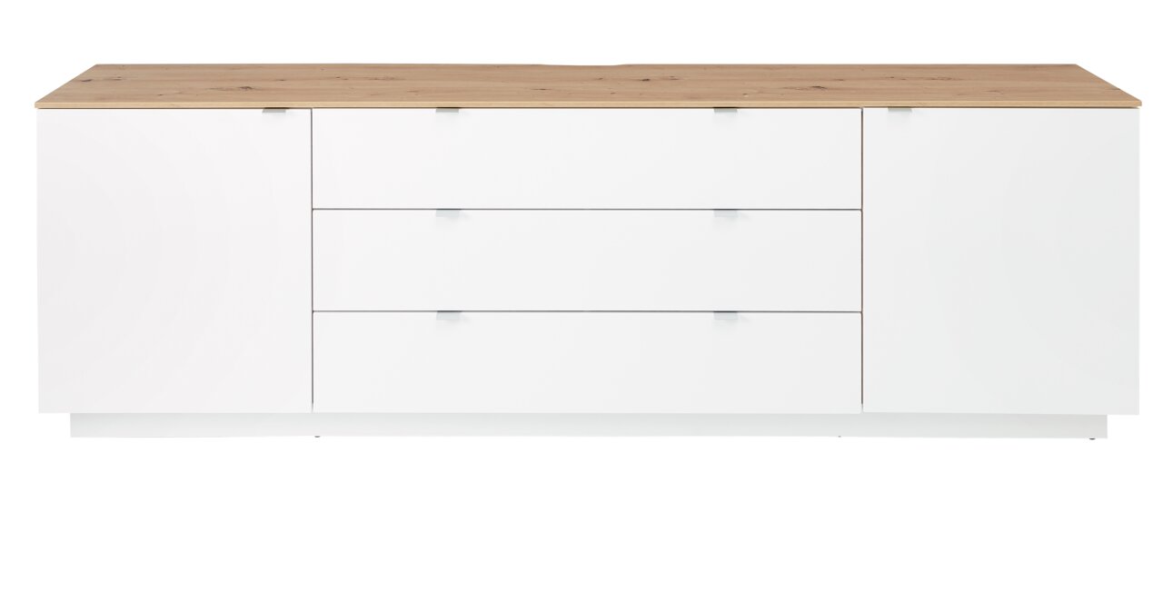 Frontansicht eines modernen TV-Sideboards mit weißem Korpus und Holzoberfläche, drei Schubladen in der Mitte und zwei Türen an den Seiten.