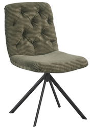 Moderner Stuhl mit grünem, geripptem Stoffbezug und schwarzem Metallgestell, seitliche Perspektive