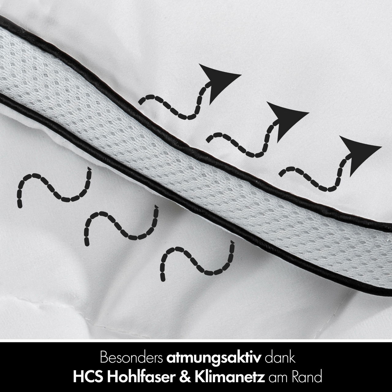 Nahaufnahme einer atmungsaktiven Winterbettdecke mit HCS Hohlfaser und Klimanetz am Rand, von der Seite betrachtet.