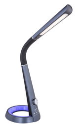 Moderne schwarze Tischleuchte aus Kunststoff mit gebogenem Arm und blauem Leuchtring, seitliche Perspektive