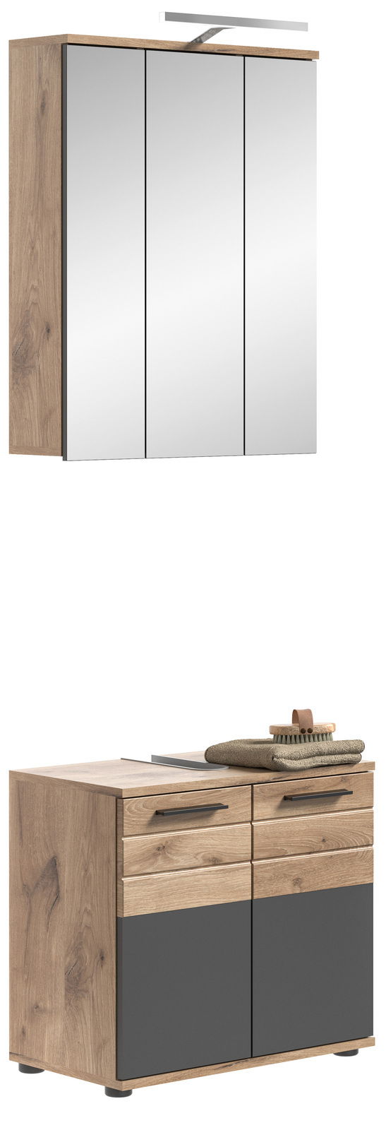 Badezimmerschrank-Kombination in Holzoptik mit Spiegeln und Stauraum, seitliche Perspektive