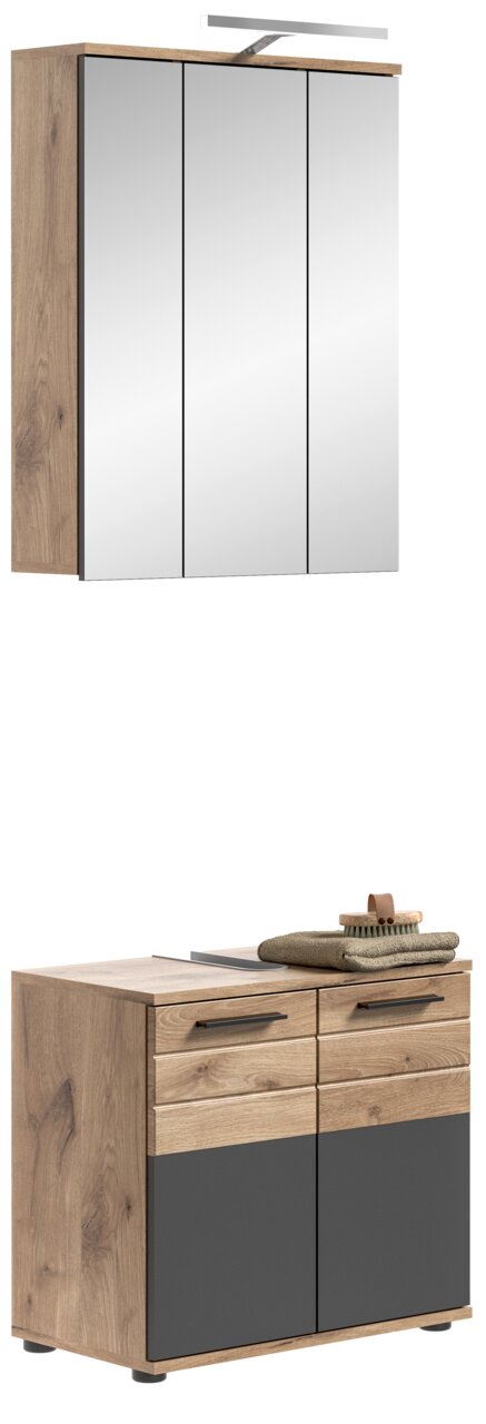 Badezimmerschrank-Kombination in Holzoptik mit Spiegeln und Stauraum, seitliche Perspektive