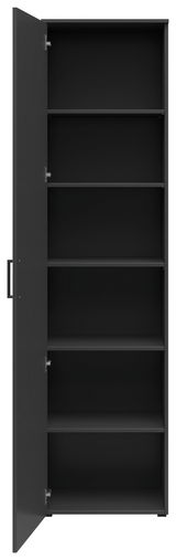 Schwarzer Mehrzweckschrank mit geöffneter Tür, fünf Regalböden, Frontalansicht