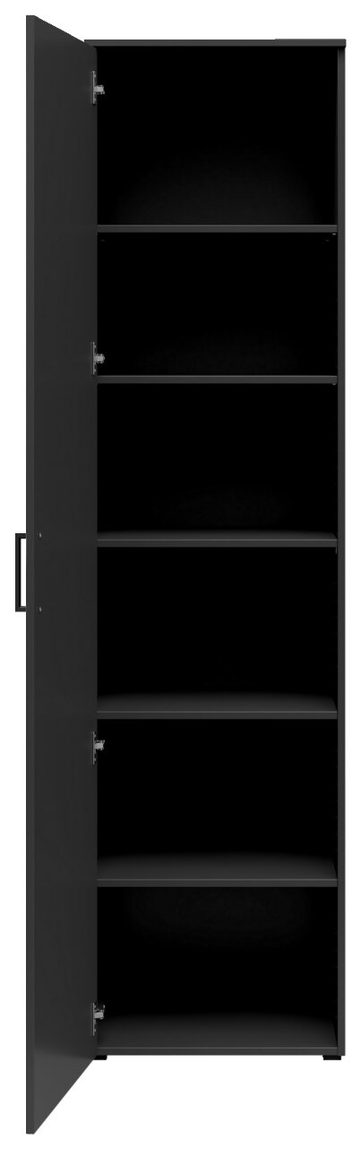 Schwarzer Mehrzweckschrank mit geöffneter Tür, fünf Regalböden, Frontalansicht