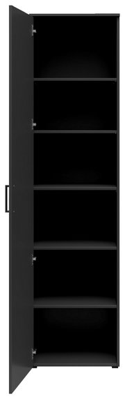 Schwarzer Mehrzweckschrank mit geöffneter Tür, fünf Regalböden, Frontalansicht