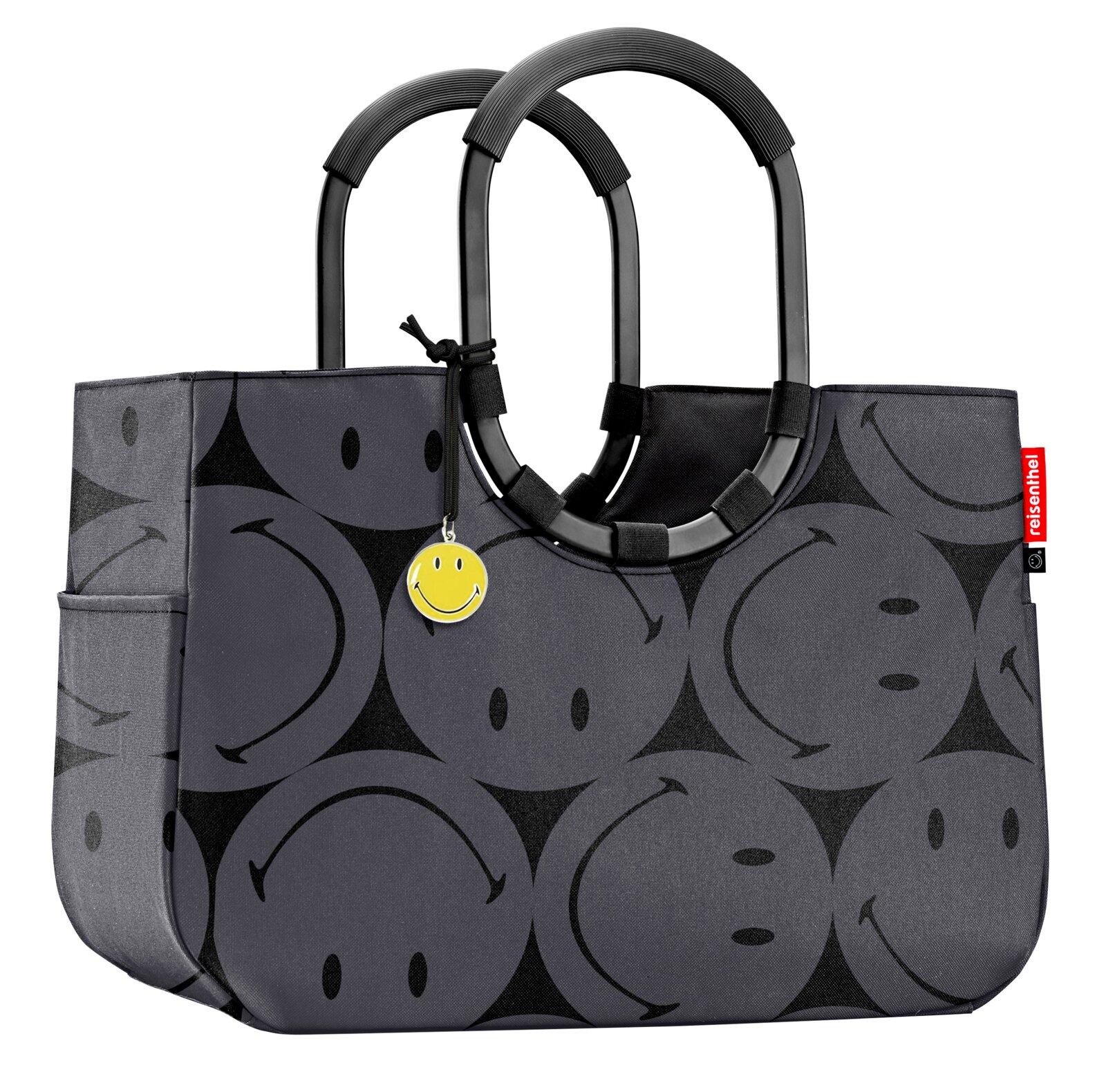 Graue Einkaufstasche mit schwarzen Smiley-Motiven und runden Griffen, seitliche Perspektive