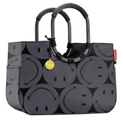 Graue Einkaufstasche mit schwarzen Smiley-Motiven und runden Griffen, seitliche Perspektive