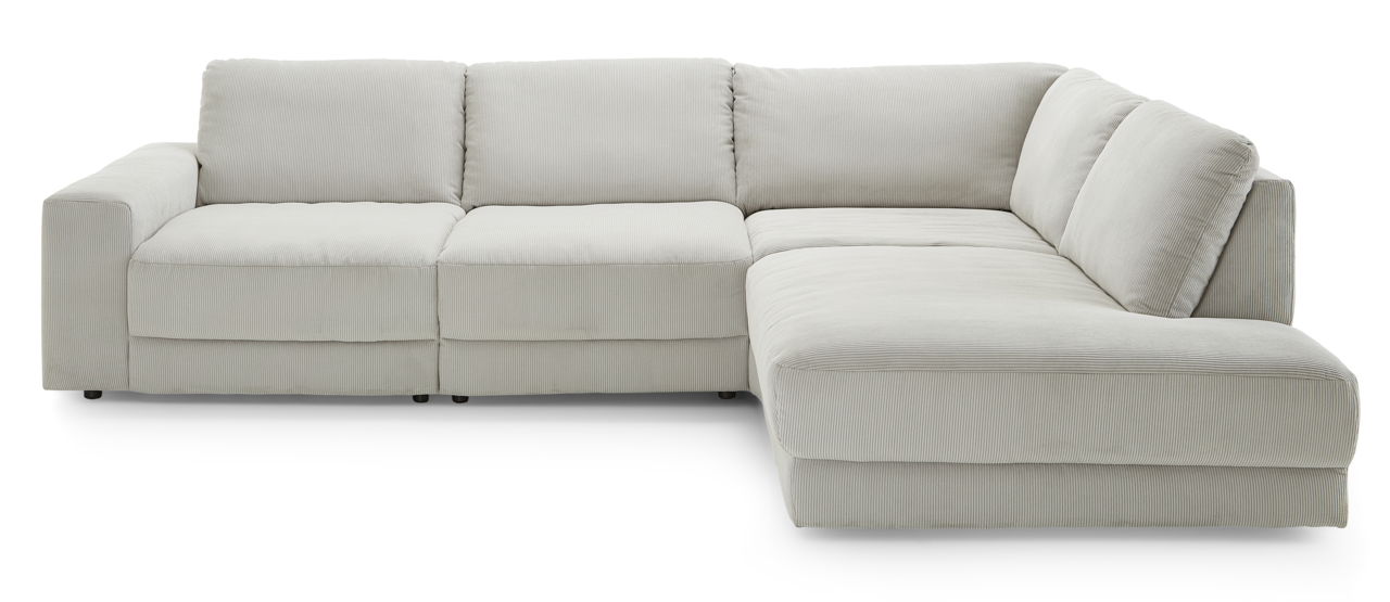 Eckgarnitur in hellem Stoff, Ansicht von vorne