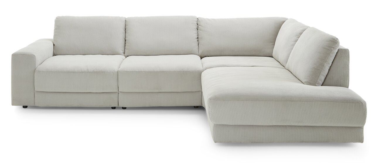 Eckgarnitur in hellem Stoff, Ansicht von vorne
