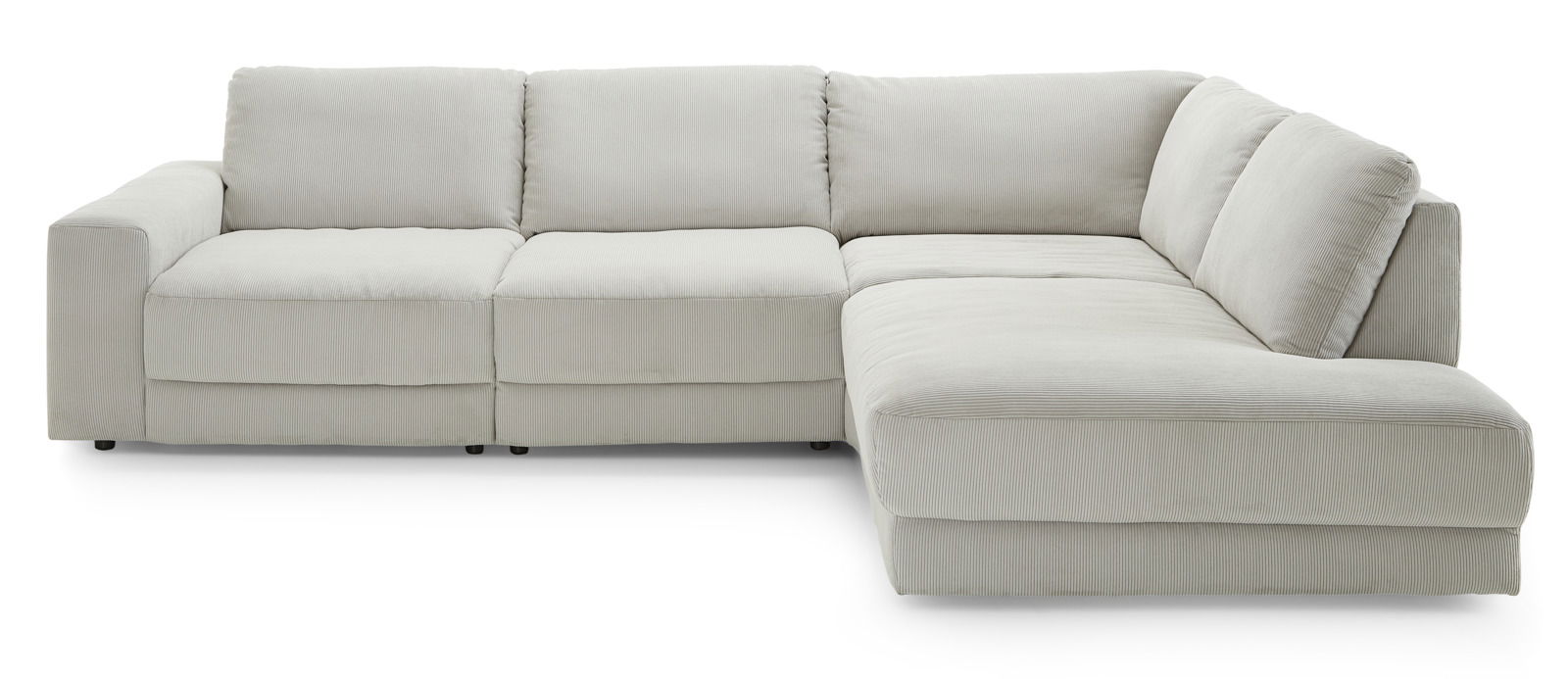 Eckgarnitur in hellem Stoff, Ansicht von vorne