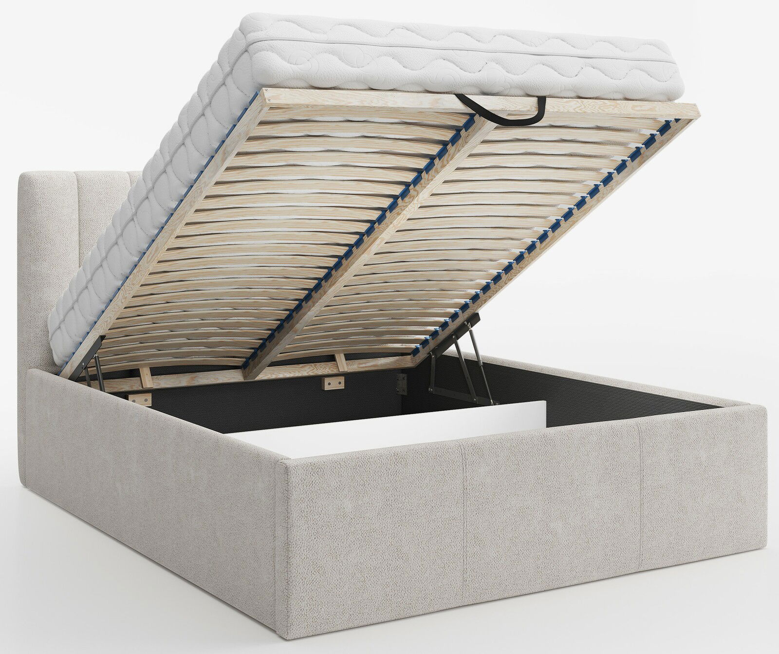 Polsterbett mit hochgeklappter Matratze und Stauraum, seitliche Perspektive