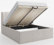 Polsterbett mit hochgeklappter Matratze und Stauraum, seitliche Perspektive