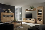 Moderne Wohnzimmer-Wandkombination aus Holz mit TV-Schrank, Regalen und Vitrine, seitliche Perspektive.