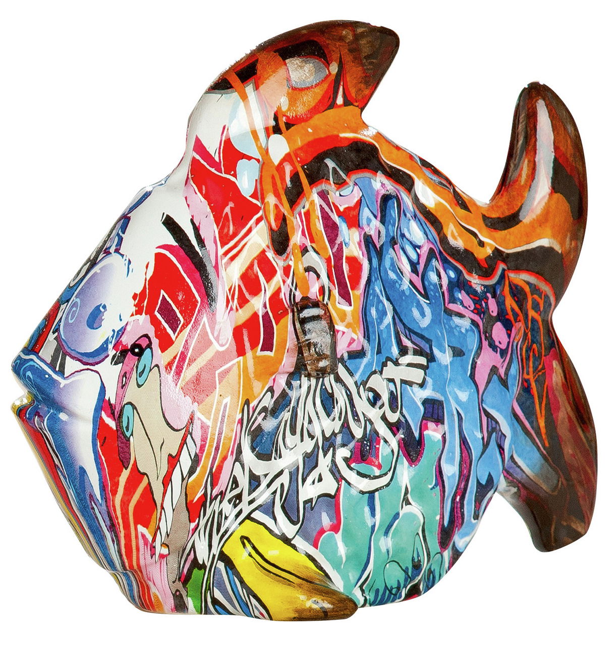 Bunte Fischskulptur mit Street Art Graffiti, seitliche Perspektive