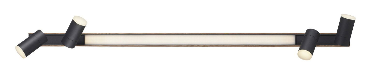 Moderne Deckenleuchte PURE-LINES mit vier zylinderförmigen Strahlern in schwarzem Finish, seitliche Perspektive.