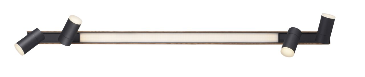 Moderne Deckenleuchte PURE-LINES mit vier zylinderförmigen Strahlern in schwarzem Finish, seitliche Perspektive.